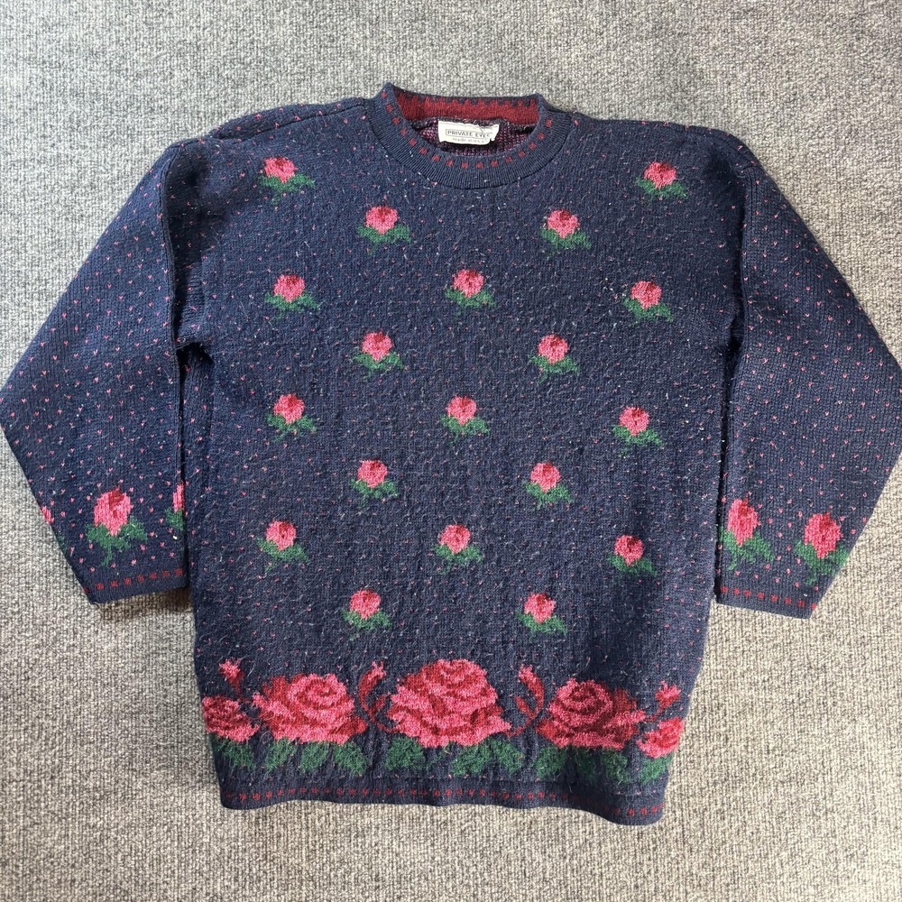 Vintage Private Eyes Sweater Womens Large Blue Rose Floral Crewneck Made USA